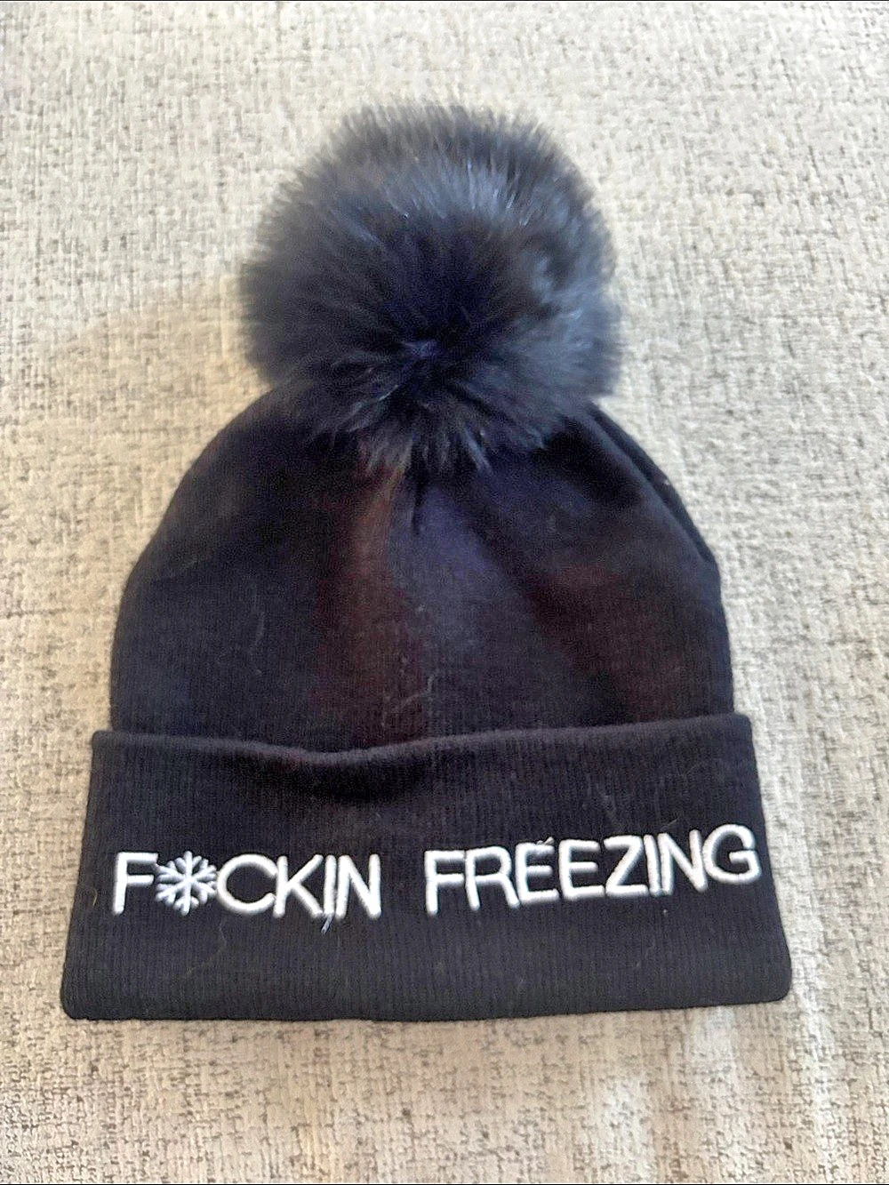 Mitchie's Matchings F*cking Freezing Knitted Hat with Fox Fur Pom Black Pom-Pom